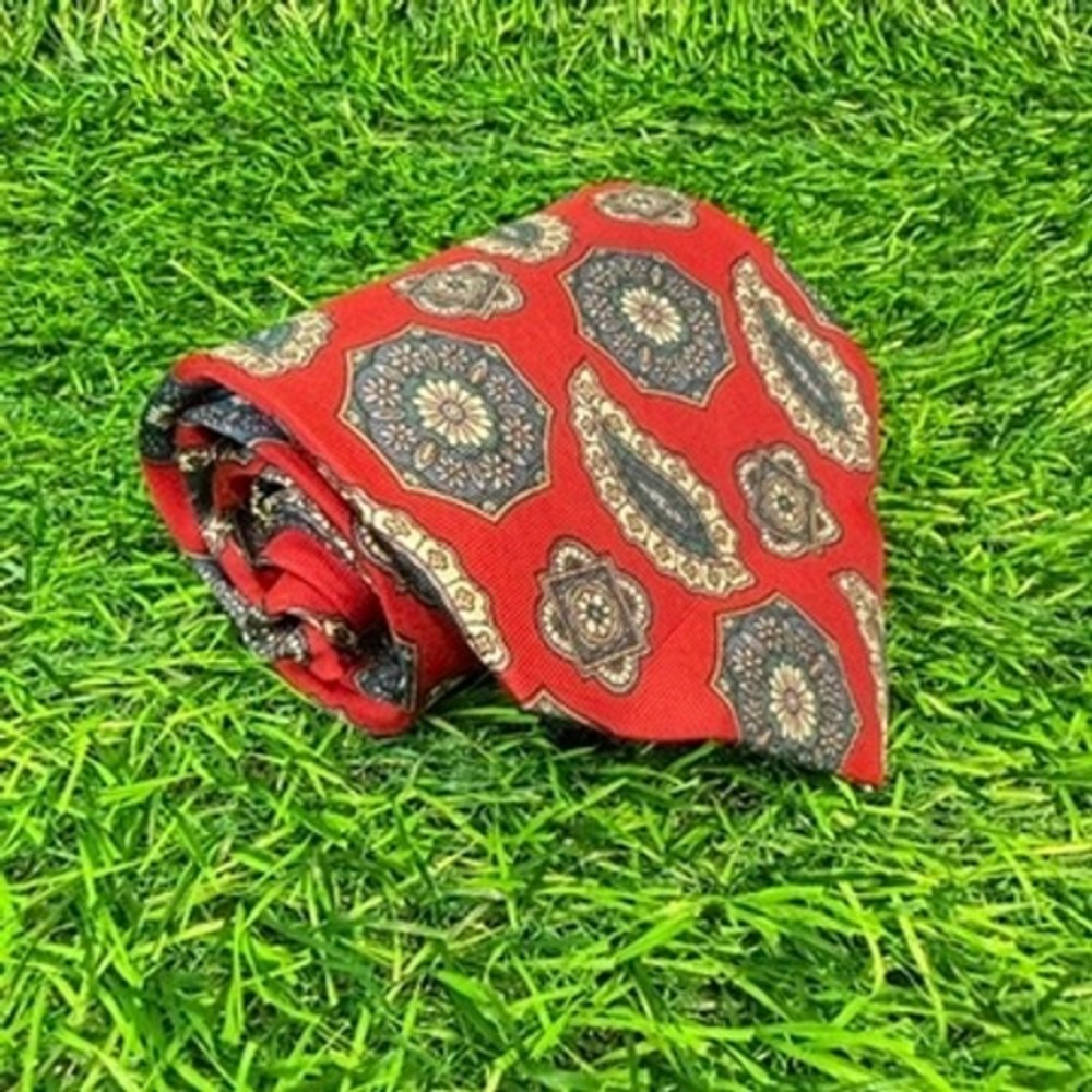 Christian Dior Monsieur Silk Tie Red Paisley Geometric Medallion USA Made VTG